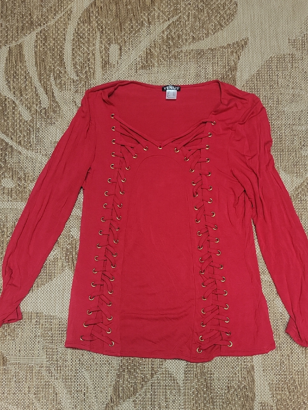 VENUS Red Lace-Up Long Sleeve Women's Top